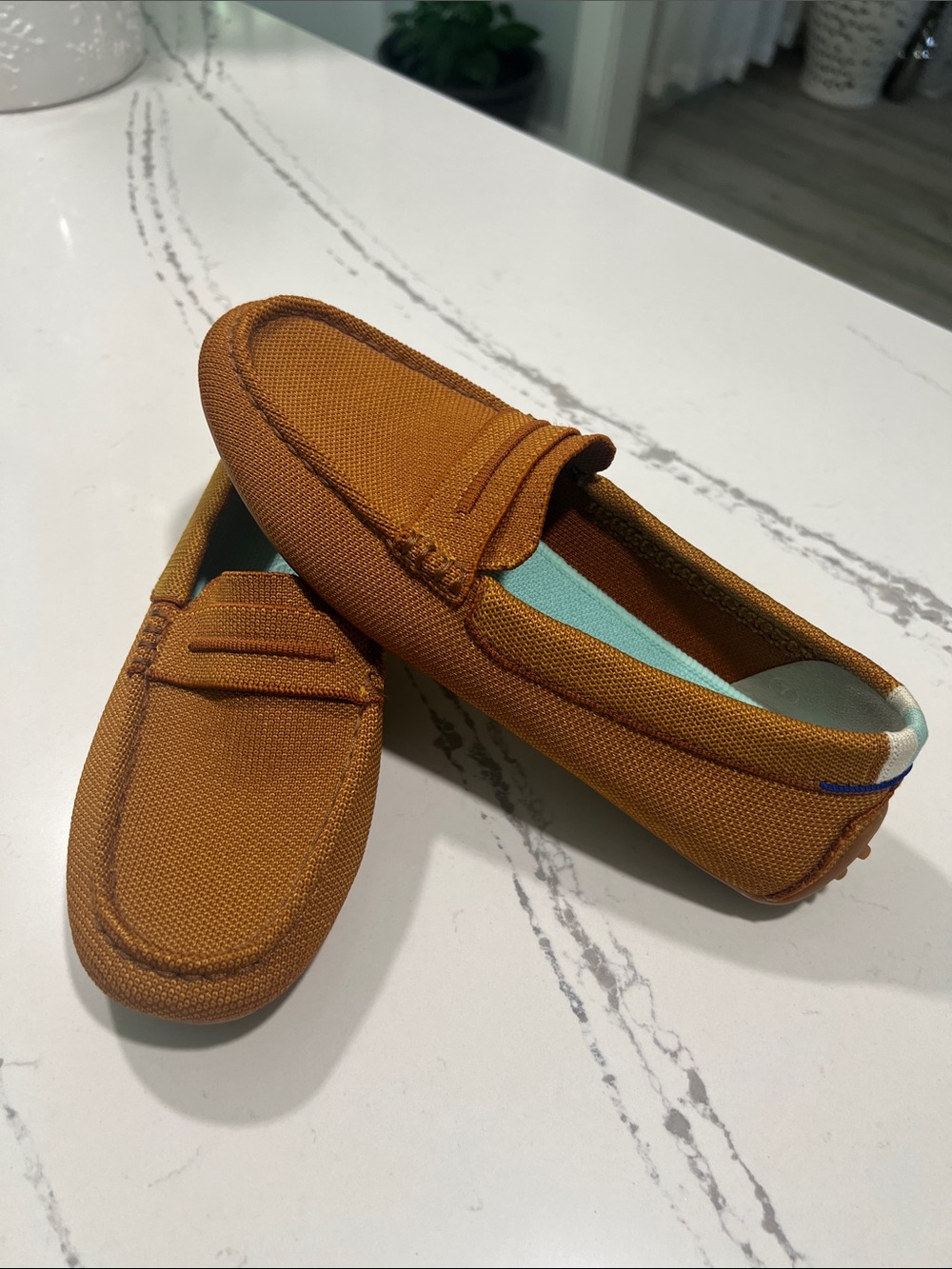Rothy's The Driver Moccasin Loafers in Cognac and Lt Blue Insole Women’s size 7